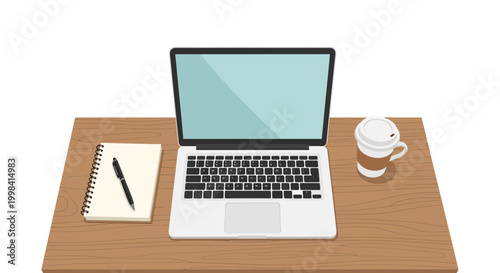 Vector illustration of a minimal workspace featuring an open laptop with a blank screen, a spiral notebook with a pen, and a coffee cup on a wooden desk with a white background.