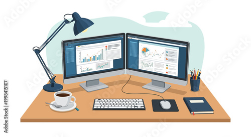 Flat vector illustration of a modern workstation featuring dual monitors displaying data analytics, a keyboard, mouse, adjustable desk lamp, notebook, and coffee on a wooden desk.