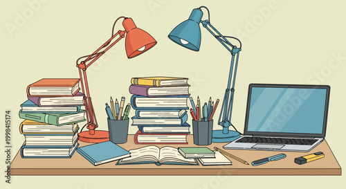 Detailed vector illustration of a student desk featuring two tall stacks of colorful books, two adjustable desk lamps in red and blue, an open laptop, and various stationery items.