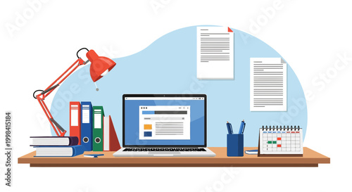 Modern office workspace flat vector illustration featuring a laptop on a wooden desk with a red adjustable lamp, colorful ring binders, stacked books, pens, and a monthly calendar.