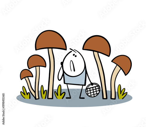 Cartoon confused mushroom picker raises head and looks at the huge mushrooms. Vector illustration of man lost in a fabulous forest. Doodle unusual natural phenomenon, mutant plants and a small basket.