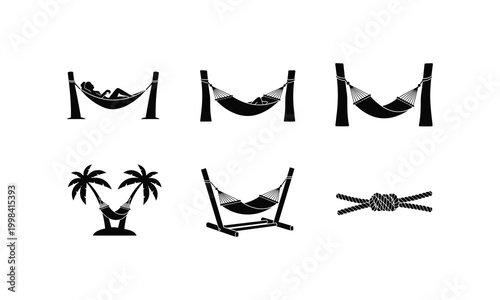Hammock and rope knot silhouette icons vector illustration line art set for relaxation.