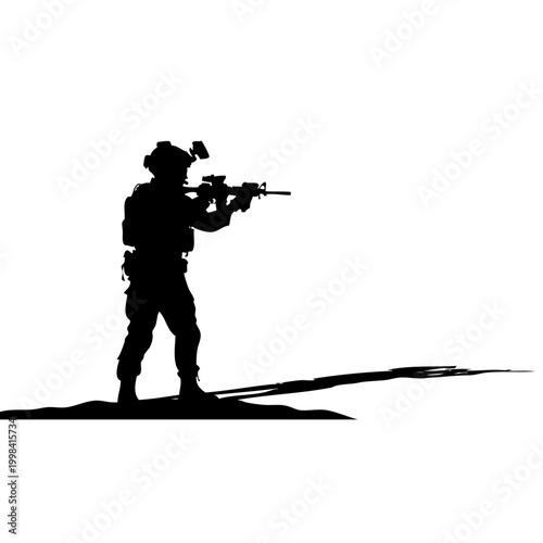 Silhouette of soldier aiming rifle on hilltop at dawn