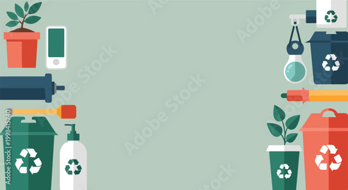 Eco-friendly vector graphic showcasing recycling symbols, plants, and sustainable lifestyle objects arranged along both sides.