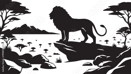 Majestic Silhouette of a Lion Standing Proudly on a Rocky Outcrop in the African Savannah, Surrounded by Acacia Trees and Distant Mountains under a Clear Sky