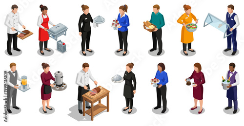 Catering and food service staff members serving meals | set of professional banquet team characters in isometric style
