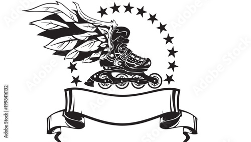 Roller skates mascot graphic with ribbon banner, wings, and star circle for retro streetwear branding design featuring skate culture, wheels, vintage