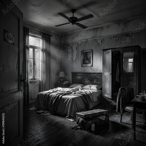 A haunting cinematic black and white shot of an abandoned bedroom with dramatic light rays streaming through a window onto an unmade bed