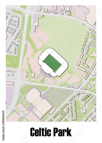Modern urban map and architectural layout of Celtic Park Stadium in Glasgow, Scotland.