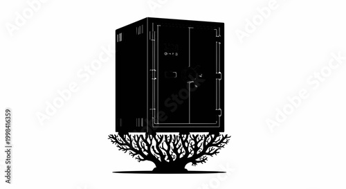 Secure safe resting on a strong, expansive tree root system, symbolizing stability and growth.