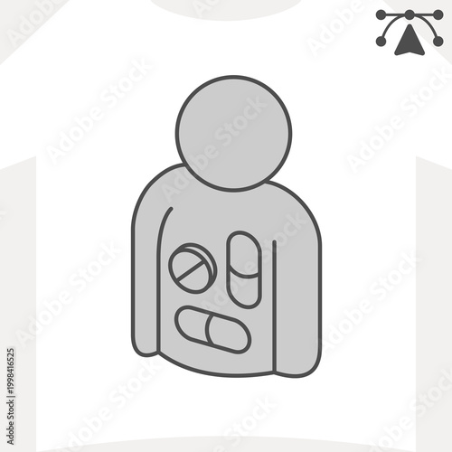 Medicines and human isometric icon, drug therapy concept. Vector graphics. Prescription medicine sign and editable stroke, outline style icon for mobile or web design.