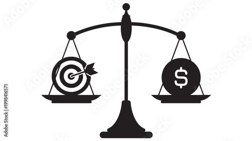 Scales icon with target side and money bag side showing balance and comparison for finance and marketing featuring bullseye, advertising, strategy