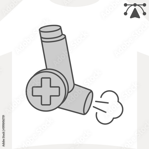 Inhaler and medical cross isometric icon, breathing relief concept. Vector graphics. Breathing inhaler sign and editable stroke, outline style icon for mobile or web design.