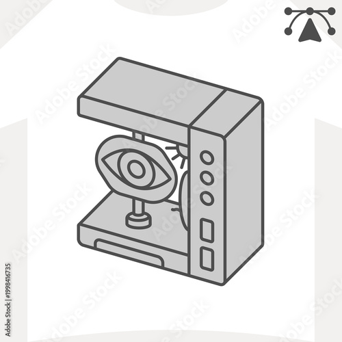 Vision testing machine isometric icon, optometry concept. Vector graphics. Eye examination sign and editable stroke, outline style icon for mobile or web design.