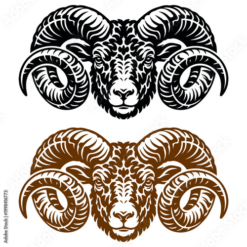 Detailed ram head illustration with massive horns in vintage woodcut style suitable for apparel branding sports teams and hunting club logos in monochrome colors