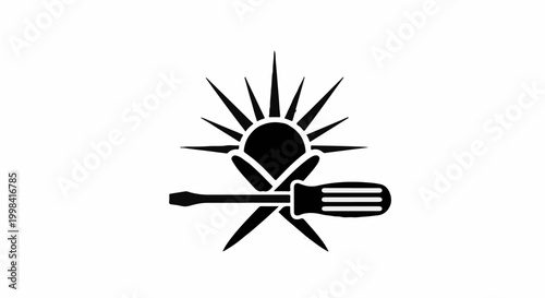 Symbol of innovation and creation, combining a shining sun with tools.