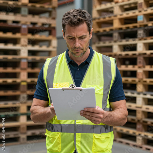 Warehouse manager checking inventory on a clipboard in a storage facility