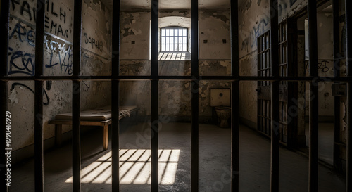 The interior of a dark abandoned jail cell with iron bars and graffiti on the peeling walls