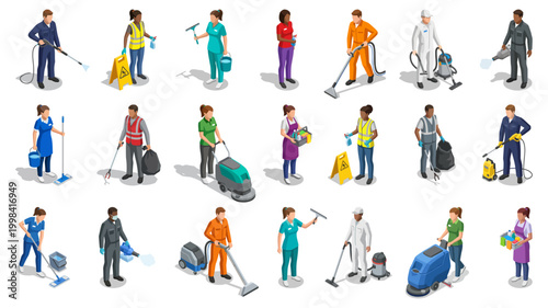 Cleaning and janitorial services staff performing maintenance | set of professional housekeeping team characters in isometric style