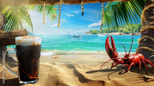 Tropical scene with a mug of dark drink, lobster, palm trees and beach view