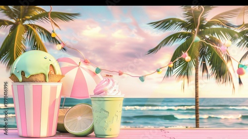 Tropical scene with desserts, beach, and palm trees under a pastel sunset