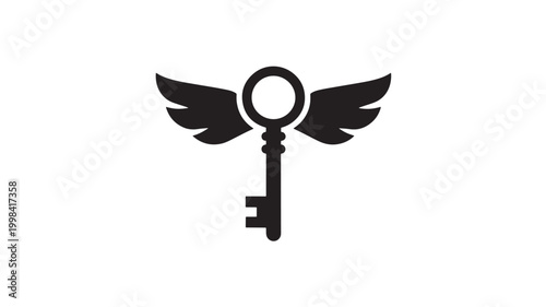 Key with angel wings and circular halo icon, premium black symbol for protection, luxury logo and spiritual design featuring circle emblem, guardian,