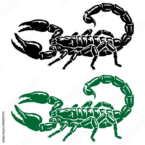 A set of black and green scorpion silhouettes in a tribal tattoo style Clean vector graphics for logos mascots or decals Isolated on white background