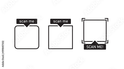 Scanner scan me icon set with empty document and screen frames for UI design and app interface promotion featuring black badge, digital workflow,