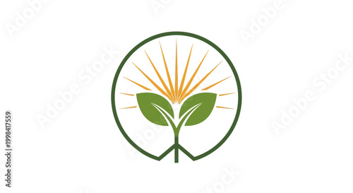 Green sprout with sun rays in circle logo, growth, nature, eco friendly concept