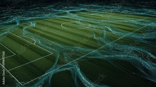 Abstract illustration of a soccer field with visual representations of dynamic movement and energy flow, showcasing a green pitch surrounded by glowing trails.