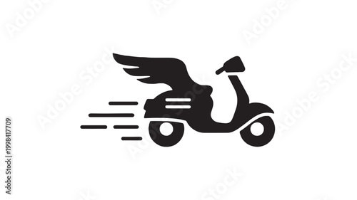 Motorcycle icon with simple black silhouette, speed lines, and frontal angle design for premium transport branding featuring bike, scooter, racing