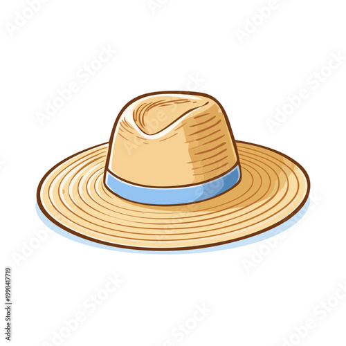 Hand-drawn straw fedora hat with blue ribbon, summer fashion accessory