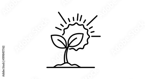 Growth concept icon: seedling sprouting with sun rays, symbolizing new beginnings, nature, and potential