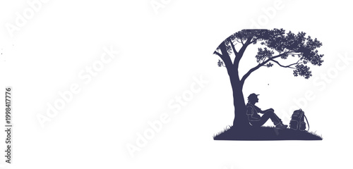 Silhouette of hiker with backpack resting under large tree
