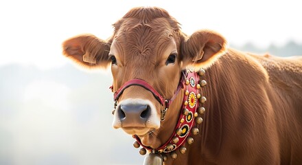 Decorated cow with colorful headgear looking directly