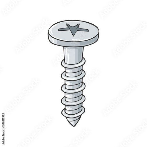 Single, isolated, sharp metal screw with a star-shaped head, vector illustration.