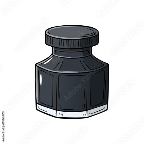 Illustration of a classic hexagonal ink bottle with a black cap and dark liquid
