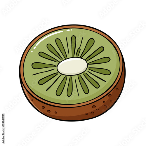 Vibrant cross-section of a juicy kiwi fruit with green flesh and tiny black seeds in a simple illustration style