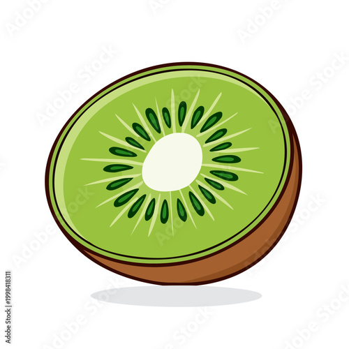 Juicy slice of kiwi fruit with green flesh and black seeds, isolated on white background