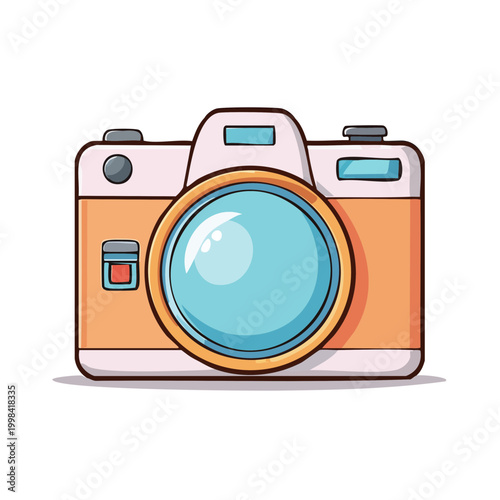 Retro digital camera illustration with a large blue lens and soft orange body