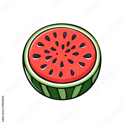 Hand drawn cross section of a ripe watermelon showing red flesh and black seeds