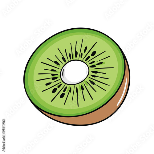 Vibrant cross section of a juicy kiwi fruit with green flesh and black seeds on white background