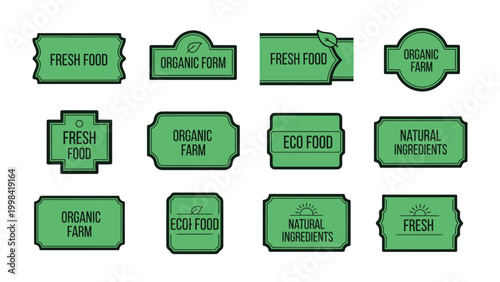 Eco-Friendly Food Label Designs: A collection of various eco-conscious food labels showcasing freshness and natural ingredients, perfectly designed for promoting wholesome and organic products.