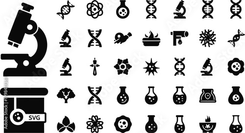Science and research icons set microbiology chemistry and biology symbols