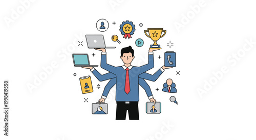 Highly efficient businessman illustrated with multiple arms to represent multitasking several office duties and achieving professional goals.