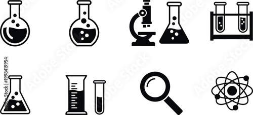 Black and white science icons laboratory equipment and atomic structure