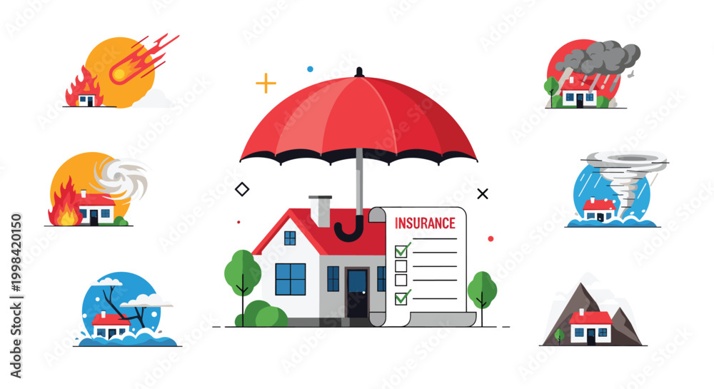 Fototapeta premium Comprehensive home insurance concept depicting a residential house protected by a large red umbrella from various natural disasters and accidents.