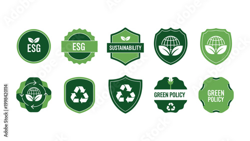 ESG and Sustainability Badges: A vibrant collection of green badges showcases a commitment to environmental, social, and governance principles, representing sustainability and green policies.