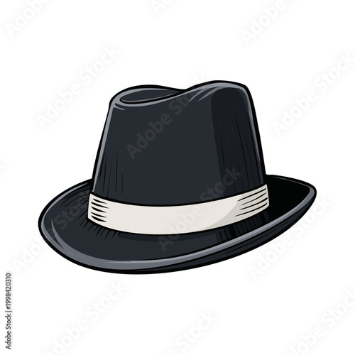 Classic black fedora hat with a white band illustration