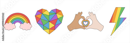 LGBTQ Pride Icon Set with Rainbow Heart Hands and Bolt Symbols for Unity